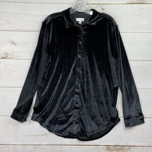 14th & Union Womens Top Sz M Black Velvet Button Down Long Sleeve Dress Stretch